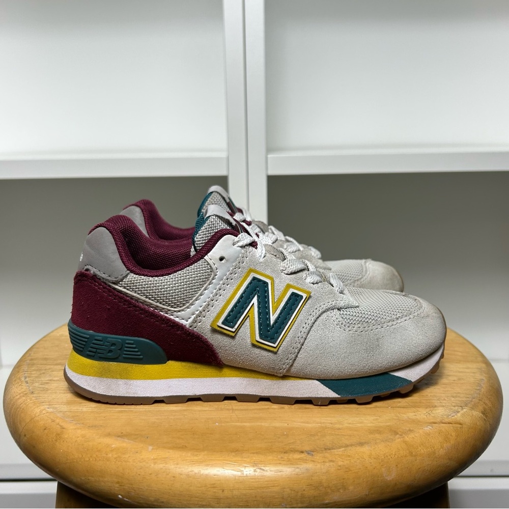 New Balance 574 Gray and Burgundy Sneakers with Yellow green